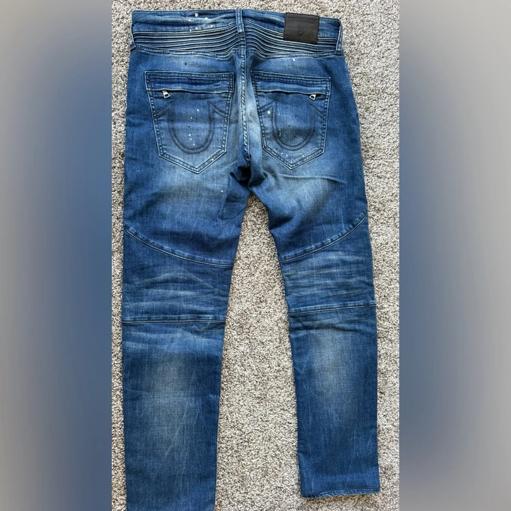 True Religion Distressed Blue Biker Jeans with Paint Splatter